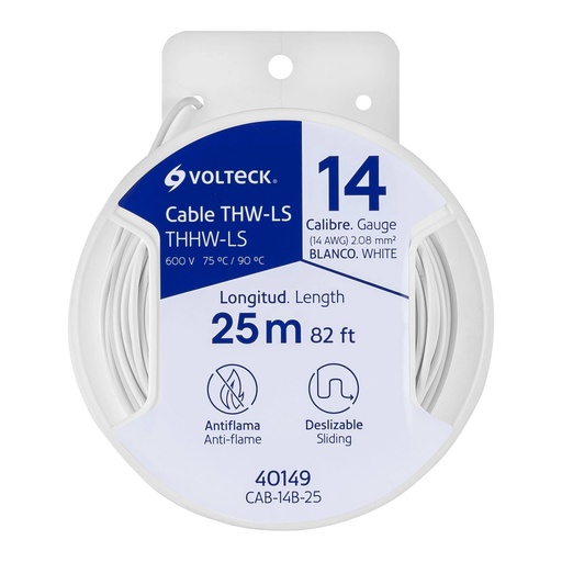 [T40149] Carrete con 25 m de cable THHW-LS 14 AWG blanco, Volteck - Pag 548