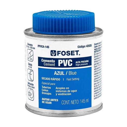 [T42025] Cemento azul para PVC en bote de 145 ml, alta presión, Foset - Pag 695