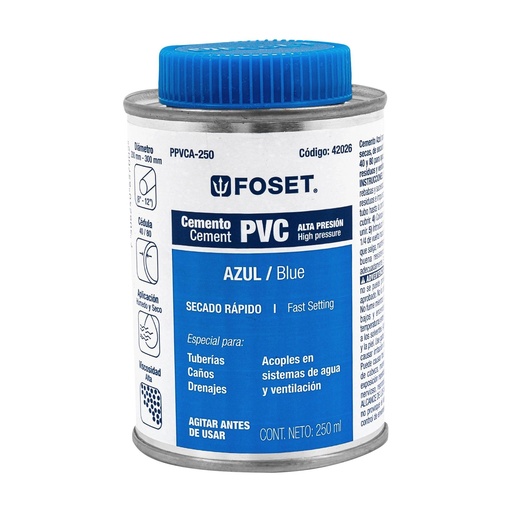 [T42026] Cemento azul para PVC en bote de 250 ml, alta presión, Foset - Pag 695