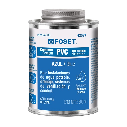 [T42027] Cemento azul para PVC en bote de 500 ml, alta presión, Foset - Pag 522