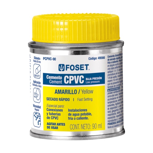 [T49566] Cemento para CPVC en bote de 90 ml, baja presión, Foset - Pag 695