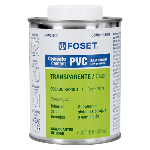 [T49564] Cemento para PVC en bote de 500 ml, baja presión, Foset - Pag 695