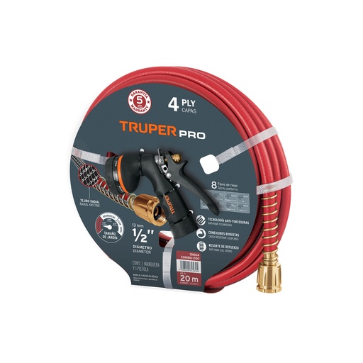 [T10864] Combo manguera MAN-20X1/2X y pistola de riego PR-208, Truper