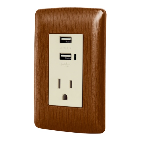 [T49814] Contacto aterrizado + 2 puertos USB, madera, línea Italiana