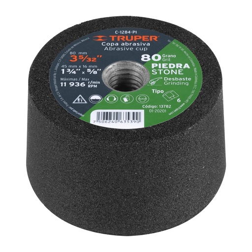 [T13782] Copa desbaste de piedra 3-5/32' grano 80, eje 5/8-11, Truper - Pag 146