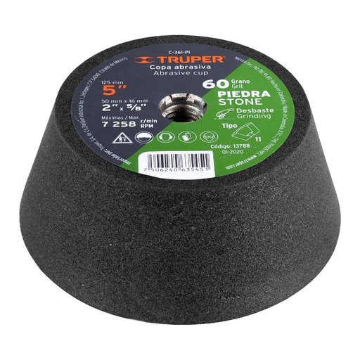 [T13788] Copa desbaste de piedra 5' grano 60, eje 5/8-11, Truper - Pag 146