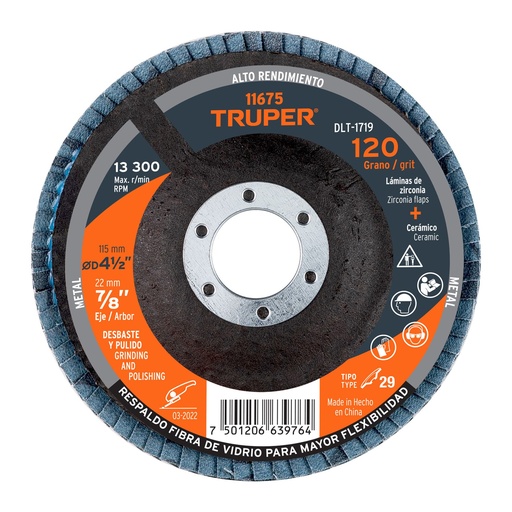 [T11675] Disco 4-1/2' laminado grano 120 centro 7/8', Truper - Pag 146