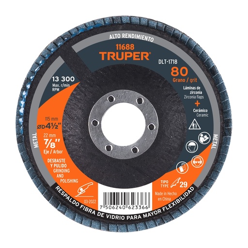 [T11688] Disco 4-1/2' laminado grano 80 centro 7/8', Truper - Pag 146