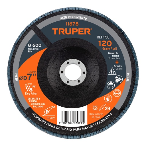 [T11678] Disco 7' laminado grano 120 centro 7/8', Truper - Pag 146