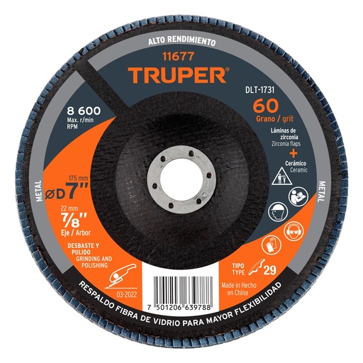 [T11677] Disco 7' laminado grano 60 centro 7/8', Truper - Pag 146