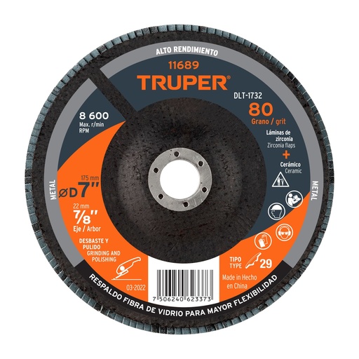 [T11689] Disco 7' laminado grano 80 centro 7/8', Truper - Pag 146