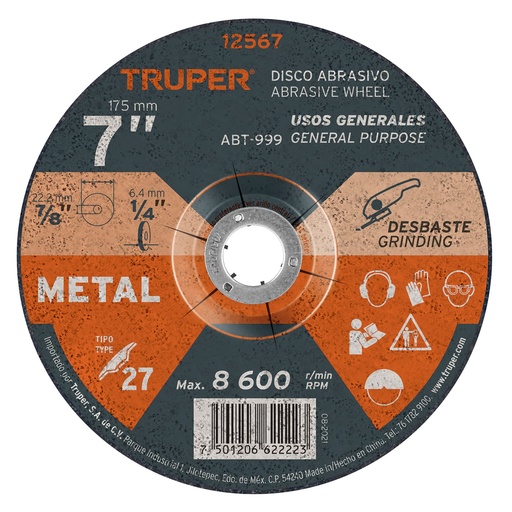 [T12567] Disco Tipo 27 de 7' x 6.4 mm para desbaste de metal, Truper - Pag 145