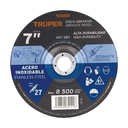 [T10669] Disco Tipo 27 de 7' x 7.2 mm desbaste de acero inoxidable