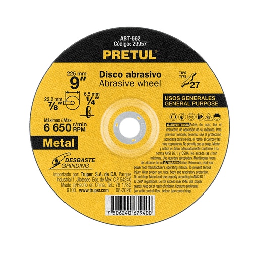 [T29957] Disco Tipo 27 de 9' x 6.2 mm desbaste de metal, Pretul - Pag 145