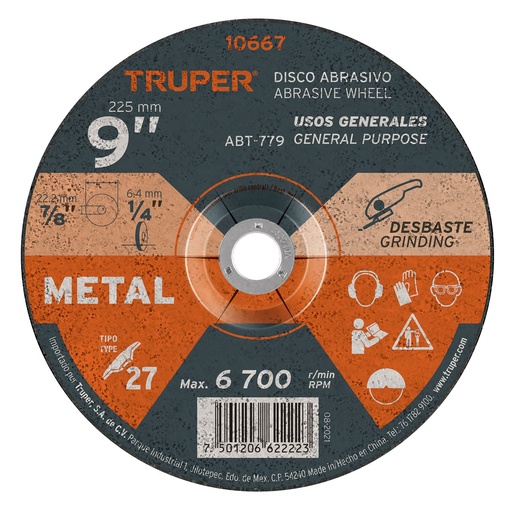 [T10667] Disco Tipo 27 de 9' x 6.4 mm para desbaste de metal, Truper
