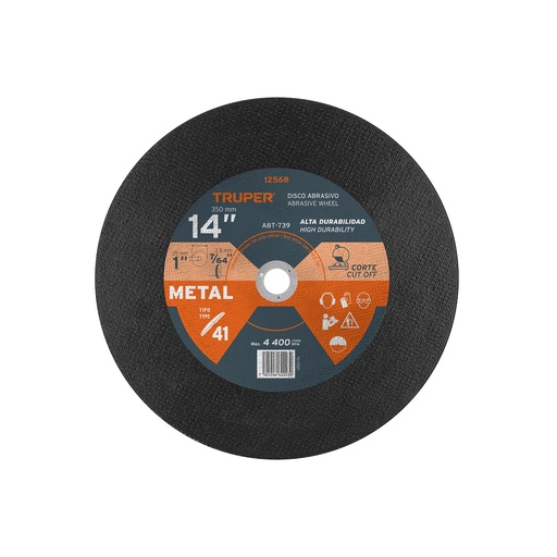 [T12568] Disco Tipo 41 de 14' x 2.8 mm para corte de metal, Truper - Pag 144