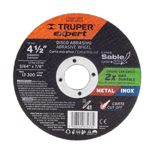 [T11901] Disco Tipo 41 de 4-1/2' x 1.2 mm corte fino de metal, Expert - Pag 144