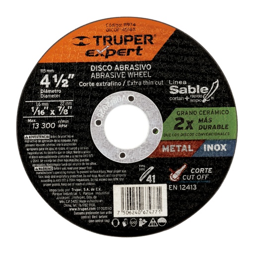 [T11974] Disco Tipo 41 de 4-1/2' x 1.6 mm corte fino de metal, Expert - Pag 144