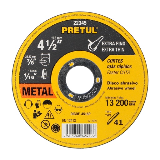 [T22345] Disco Tipo 41 de 4-1/2' x 1.6 mm corte fino de metal, Pretul - Pag 144