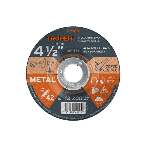 [T12569] Disco Tipo 42 de 4-1/2' x 3.2 mm para corte de metal, Truper - Pag 145