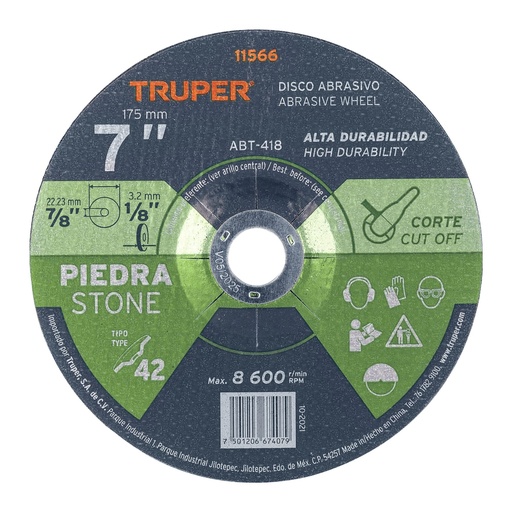 [T11566] Disco Tipo 42 de 7' x 3.2 mm para corte de piedra, Truper - Pag 145