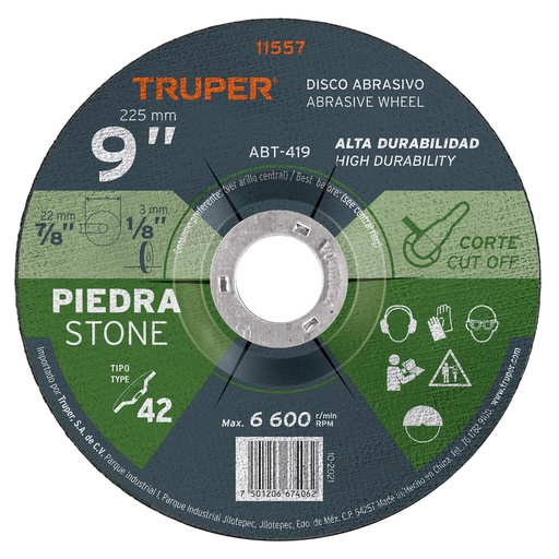 [T11557] Disco Tipo 42 de 9' x 3.2 mm para corte de piedra, Truper - Pag 145