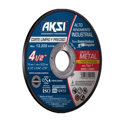 [A114604] Disco corte de metal y acero inox. 4 1/2" x 1 mm, tipo 1- Alto Rendimiento