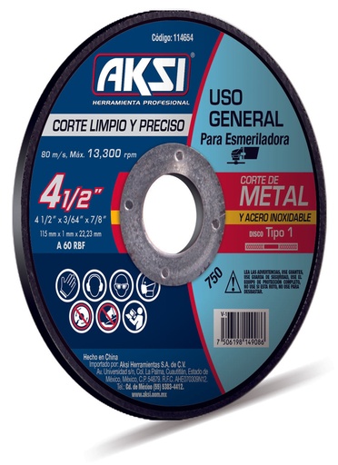 [A114654] Disco corte de metal y acero inox. 4 1/2"" x 1 mm, tipo 1 - Uso General