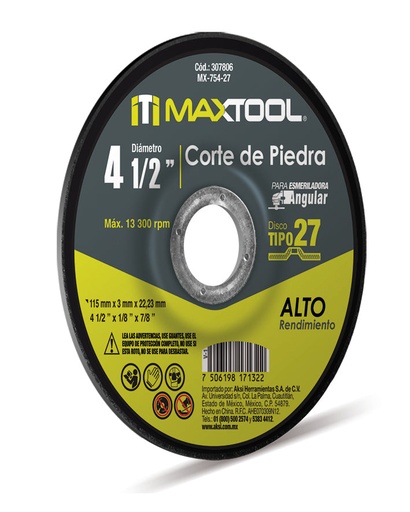 [A307806] Disco corte de piedra 4 1/2" x 3mm, TIPO 27 Maxtool