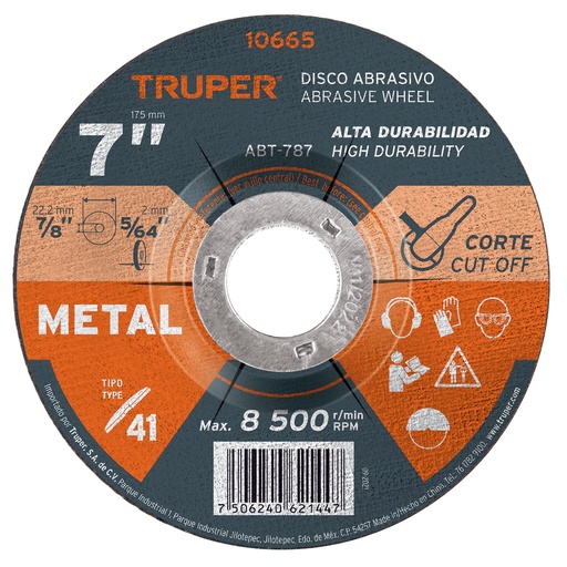 [T10665] Disco de 7' para corte de metal, tipo 41, Truper