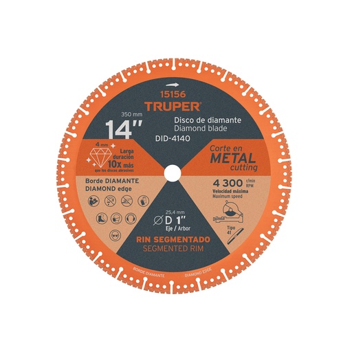 [T15156] Disco de diamante de 14' x 2.6 mm para corte metal, Truper - Pag 144