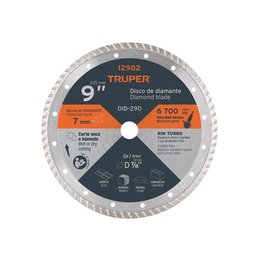 [T12982] Disco de diamante de 9' x 3 mm rin turbo, Truper - Pag 140