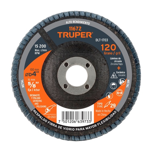 [T11672] Disco laminado 4', grano 120 centro 5/8', Truper - Pag 146