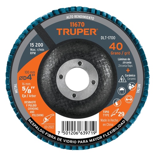 [T11670] Disco laminado 4', grano 40 centro 5/8', Truper - Pag 146