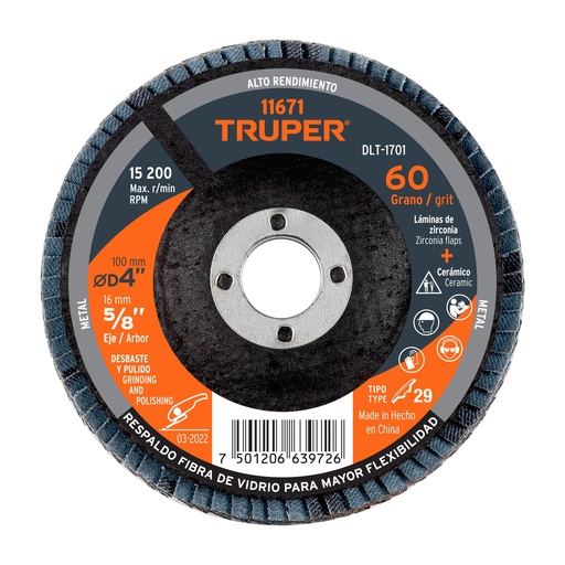[T11671] Disco laminado 4', grano 60 centro 5/8', Truper - Pag 146