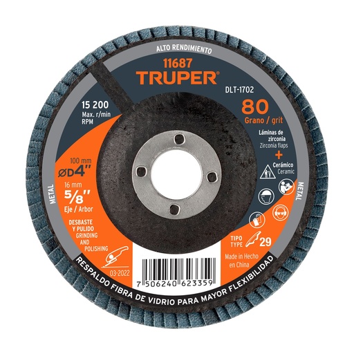 [T11687] Disco laminado 4', grano 80 centro 5/8', Truper - Pag 146