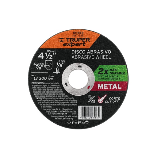 [T101454] Disco para corte de metal 4-1/2' tipo 41, Truper Expert - Pag 145