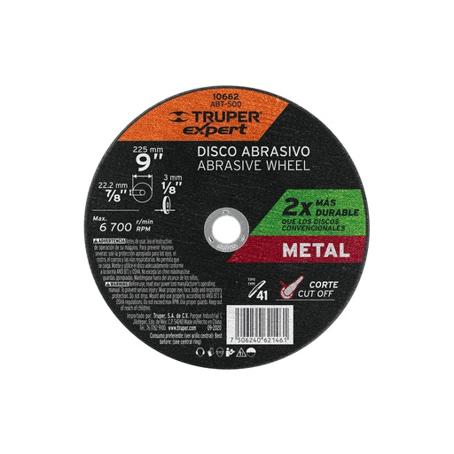 [T10662] Disco para corte de metal, tipo 41, diámetro 9' Expert