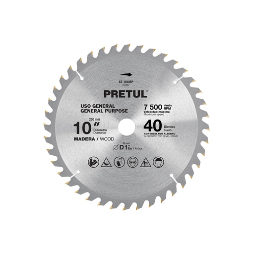 [T27057] Disco sierra 10' para madera, 40 dientes centro 1', Pretul - Pag 143