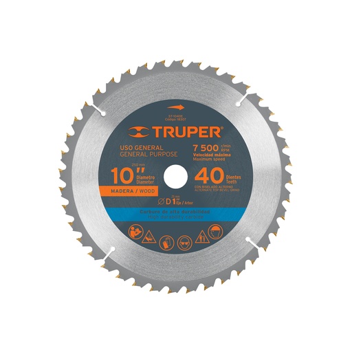 [T18307] Disco sierra 10' para madera, 40 dientes centro 1', Truper - Pag 143
