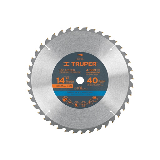 [T18322] Disco sierra 14' para madera, 40 dientes centro 1', Truper - Pag 143