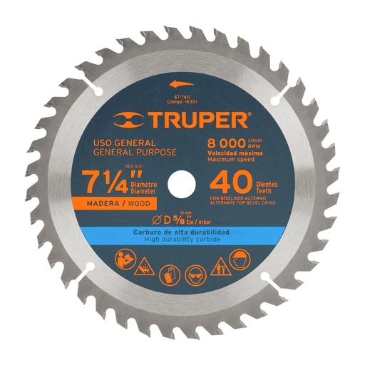 [T18301] Disco sierra 7- 1/4' para madera, 40 dientes centro 5/8' - Pag 183