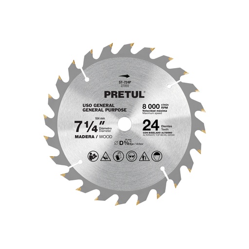 [T27055] Disco sierra 7-1/4' p/madera, 24 dientes centro 5/8', Pretul - Pag 143