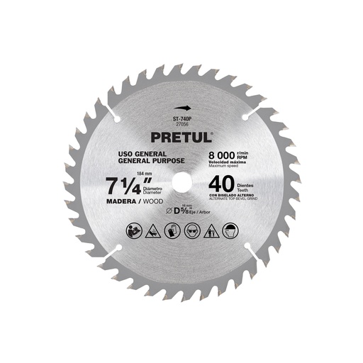 [T27056] Disco sierra 7-1/4' p/madera, 40 dientes centro 5/8', Pretul - Pag 143