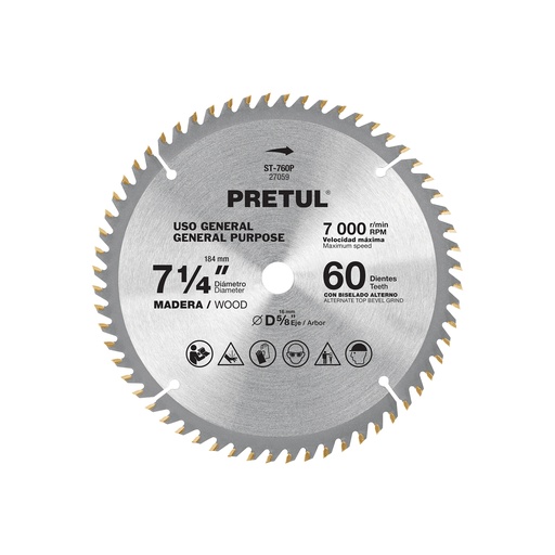 [T27059] Disco sierra 7-1/4' p/madera, 60 dientes centro 5/8', Pretul - Pag 143