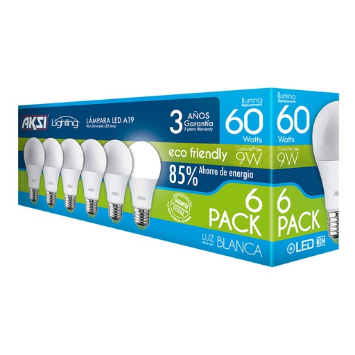 [A129024] Foco LED 6PACK 9W ECO luz blanca, caja color