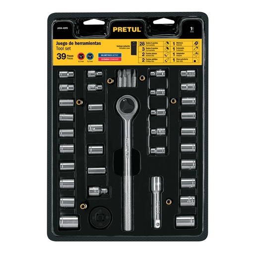 [T23973] Juego de 39 herramientas 1/4' y 3/8' para mecánico, Pretul