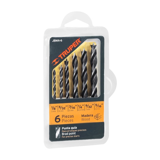 [T11337] Juego de 6 brocas con punta centradora para madera, Truper