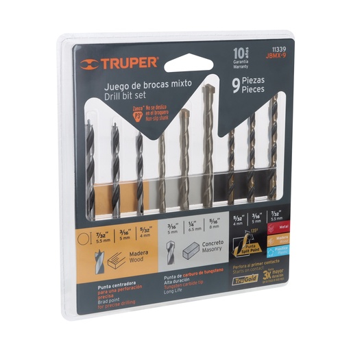 [T11339] Juego de 9 brocas para metal, concreto y madera, Truper
