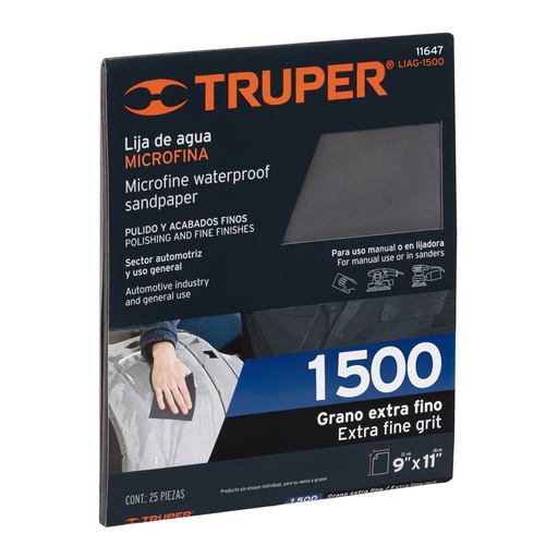 [T11647] Lija de agua grano 1500 microfina carburo de silicio, Truper - Pag 195